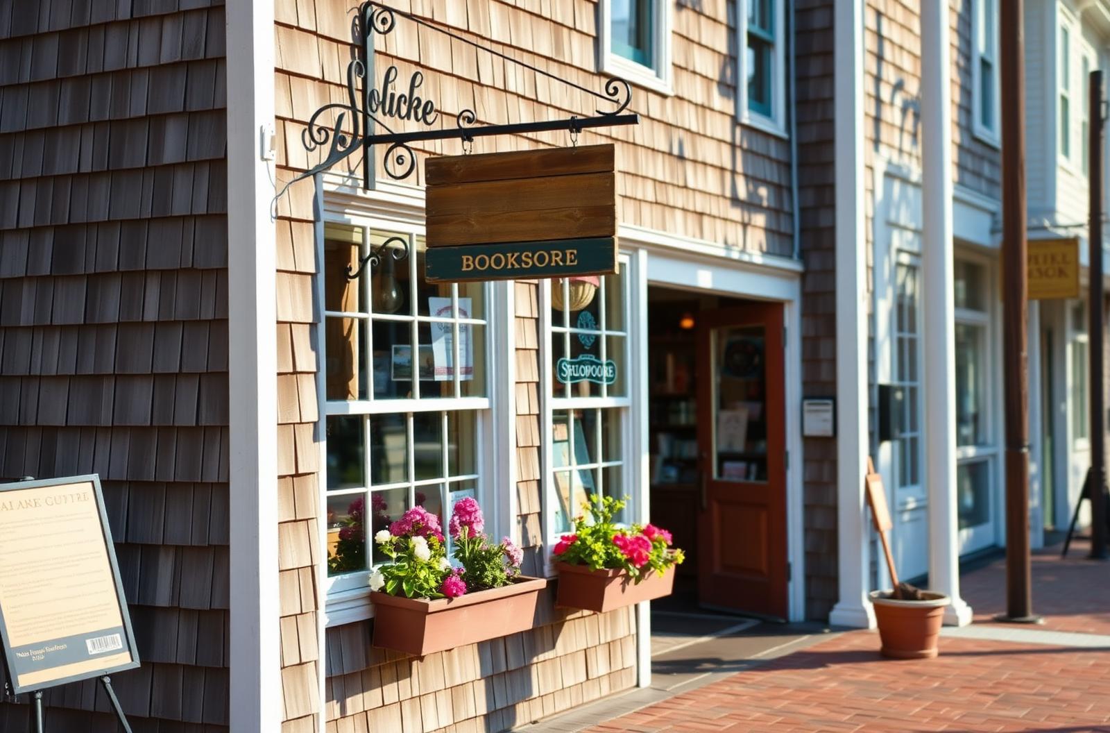 Charming Cape Cod main street storefront with hanging sign