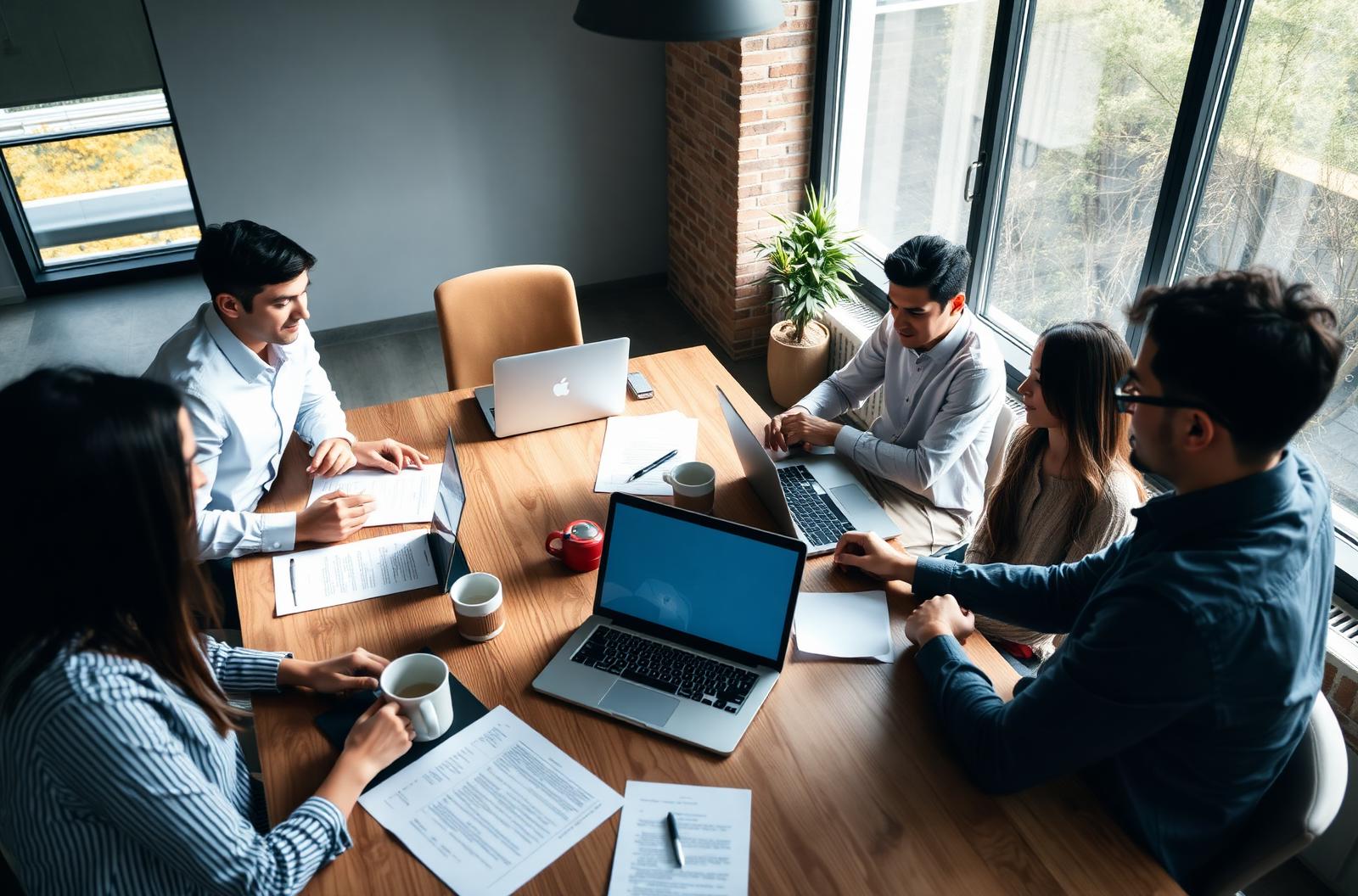 Small business team meeting around a wooden table with laptops