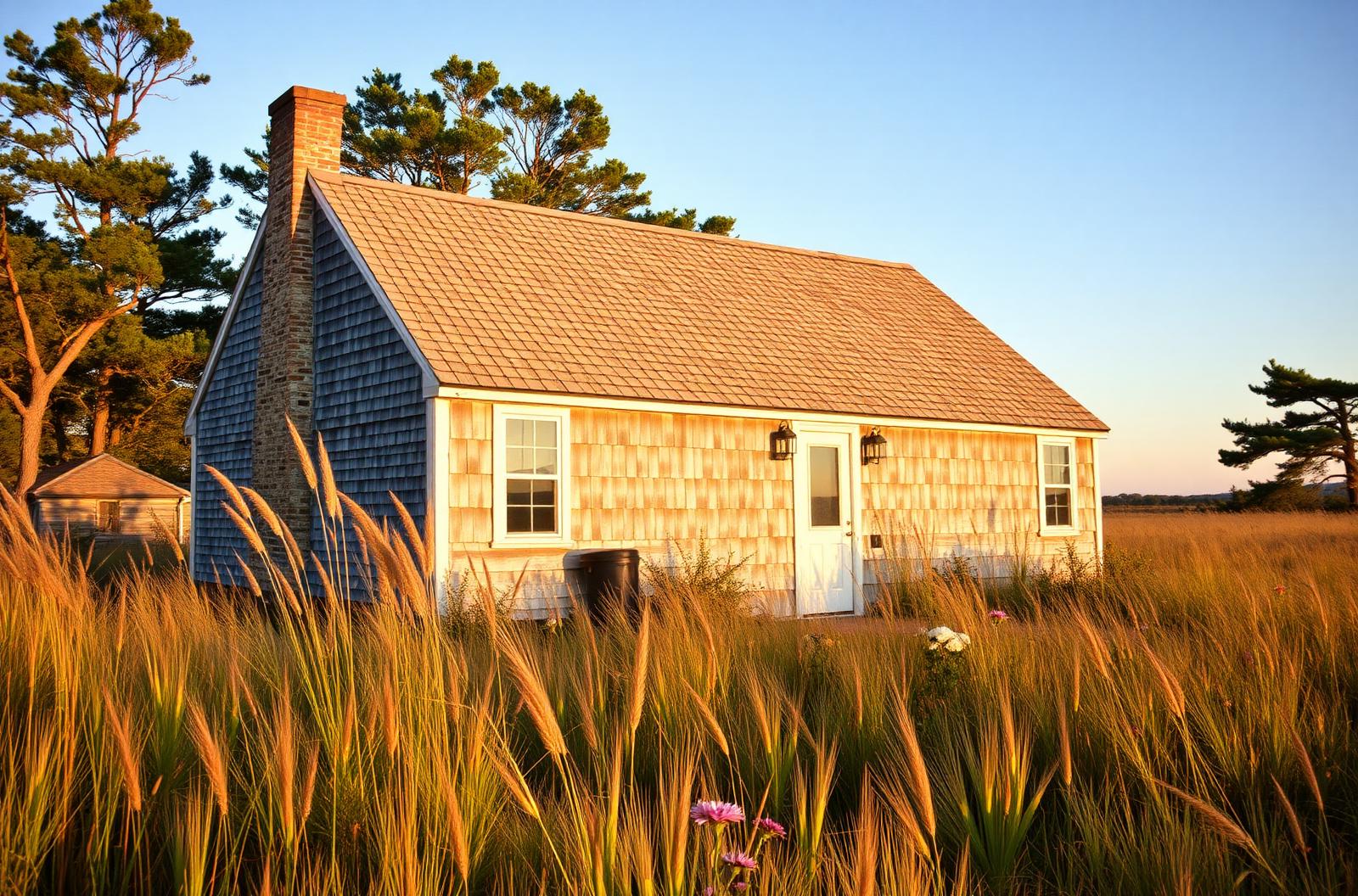 Cape Cod summer cottage in tall grass at golden hour