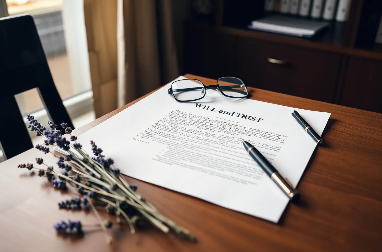Will and trust document on a wooden desk with reading glasses