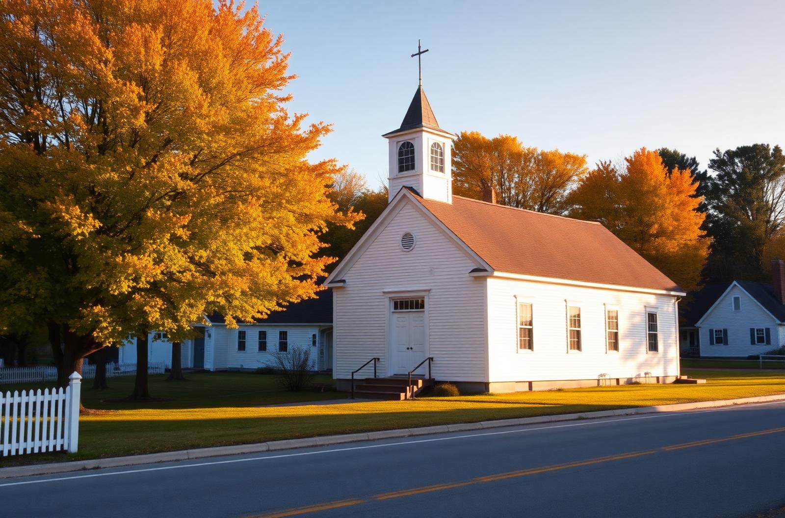 A New England village church in autumn light