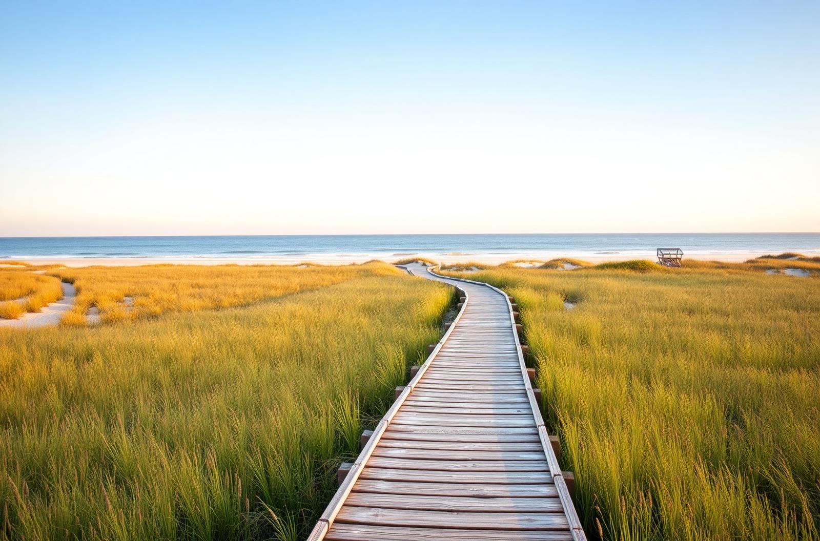 Boardwalk through Cape Cod salt marsh toward the ocean